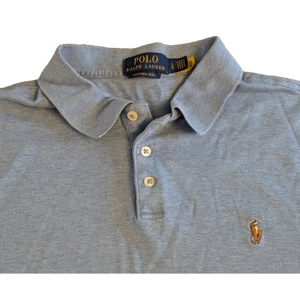 Polo Ralph Lauren Men's Large Custom Slim Fit Polo Shirt Heather Blue Flesh Pony